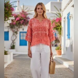 Johnny Was Pink Embellished 3/4 Sleeve Blouse